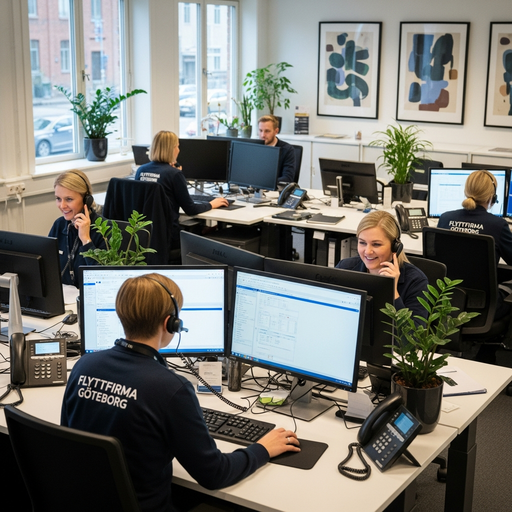 Flyttfirma Göteborgs personal i kontor pratar i telefon och hjälper kunder.