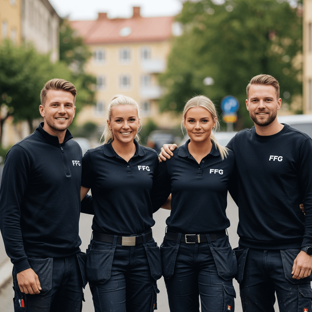 FFG:s personal står i ett lokalt bostadsområde och representerar lokal närvaro.