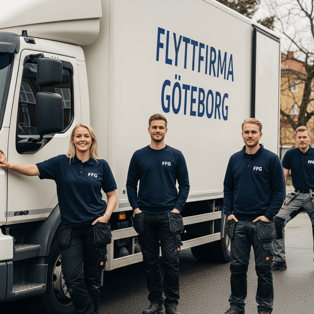 FFG:s personal står bredvid moderna flyttfordon redo för arbete.